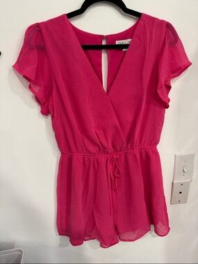 She + Sky Hot Pink Flutter Sleeve Tie-Waist Romper